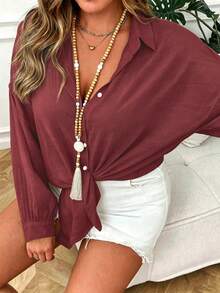 INAWLY Plus Size Women Fashion Casual Solid Color Button Down Long Sleeve Shirt Fall - Burgundy - View 5