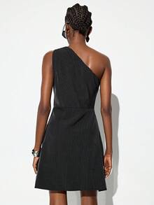 Aveloria GENKIRA Robe courte élégante à rayures, sexy, épaules dénudées, asymétrique, sans manches, froncée et taille cintrée - Gris foncé - Voir 7