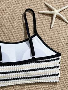 SHEIN Black & White Striped Textured Tankini Swimwear Set For Tween Girls Suitable For Summer Beach, Holiday, Swimming Pool Party - Multicolor - View 6