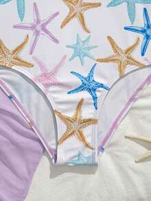 SHEIN Tween Girls' One-Piece Swimsuit, Cute Multi-Color (Pink, Purple, Blue, Yellow) Star Print Knit Fabric, Spaghetti Straps, Solid Purple Ruffle Hem, Regular Fit, Tie Side Skirt, Suitable For Swimming, Summer Vacation, Beach, Pool, Holiday Party - Purple - View 5