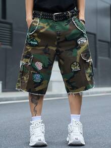 PAVTROS Men's Casual Streetwear Multi-Pocket Distressed Frayed Hem Camouflage Denim Shorts - Army Green - View 5