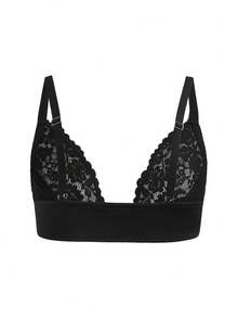 DesireSculpt 1pc Plus Size Women's Front Closure Lace Patchwork Bra - Black - View 5