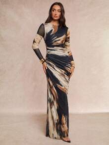 Silquee Este vestido de mujer marrón con estampado tie-dye de malla, cuello redondo y manga larga, presenta una cintura ajustada con fruncido, resaltando el encanto femenino. Elegante y cautivador, es lo suficientemente versátil como para combinarse con cualquier cosa, desde citas, atuendos de temporada de bodas, fiestas de cóctel, fiestas románticas/ropa para citas, vestidos de noche, vestidos de día y noche, vestidos de dama de honor, vestidos de fiesta elegantes y con estilo, atuendo formal, ropa para citas románticas - Multicolor - Ver 5