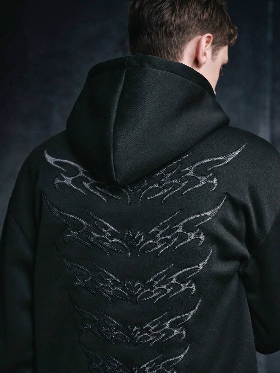 Vyqestra Men's Street-Style Popular Dark Pattern Embroidered Hoodie, Suitable For Outdoor Music Festivals, Daily Outings, Hangouts With Friends, Boyfriend/Husband Gift, Anniversary Gift - Black - View 1