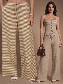 SHEIN Tall 女士舒适休闲简约低腰抽绳棕色复古条纹阔腿裤，家居服两件套裤装，早午餐两件套阔腿裤套装，夏季裤装套装，条纹两件套 - 米色 - 查看 6