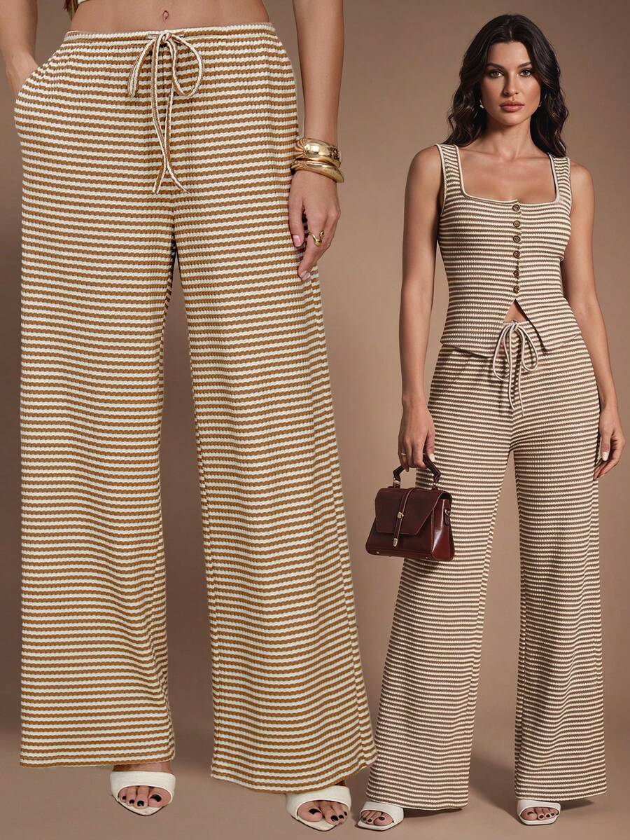 SHEIN Tall Quần ống rộng kẻ sọc màu nâu retro tối giản, thoải mái dành cho nữ, cạp thấp, có dây rút, kiểu dáng giản dị, thích hợp mặc ở nhà, bộ đồ hai mảnh gồm quần dài và quần ống rộng, bộ đồ mùa hè kẻ sọc. - Màu be - Xem 1