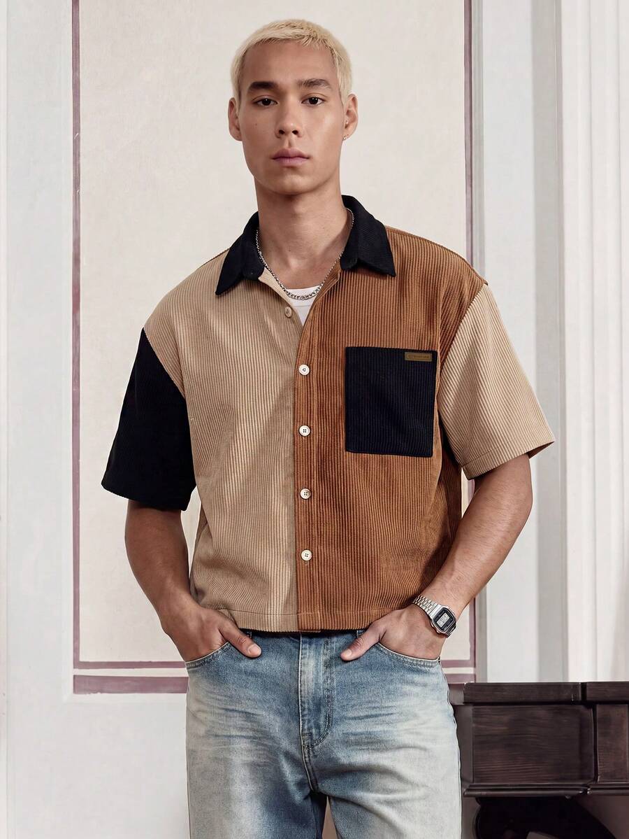 SWAVVY Men's Patchwork Corduroy Short Sleeve Shirt, Spring/Summer,Holiday,Daily Wear Shirt, Cargo Short Shirt,Casual Versatile Daily Wear Short Sleeve Shirt