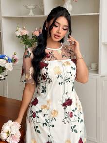 Modelyn 大尺碼收腰刺繡布料休閒優雅洋裝，適合春夏季日常穿著與聚會 - 米色 - 查看 10