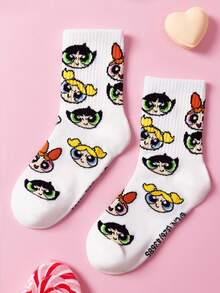 THE POWERPUFF GIRLS X SHEIN 2雙時尚可愛卡通粉色與白色中筒襪，甜美圖案，柔軟透氣吸濕，休閒款，加強腳趾與腳跟，耐穿，適合四季，夏冬皆宜，印花圖案含花朵、氣泡與毛茛花 - 混色 - 查看 3