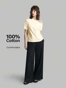 Ontre 女款100%純棉奶油白不對稱肩T恤，時尚日常寬鬆版型短袖上衣，夏季休閒商務，返校穿搭 - 淡黃色 - 查看 5