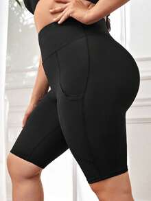 SHEIN Velisys Pantalones cortos de yoga ajustados de unicolor para mujer de talla grande - Negro - Ver 4