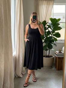 Auralis Summer Black Sleeveless A-Line Dress With Square Neck And Cinched Waist Midi Length With Pockets Sporty Drawstring Back Vacation Casual Formal - Black - View 8