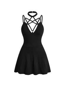 ROMWE Women's Mid-Length Goth Dress With Pentagram Metal Lace-Up Hollow Chest Detail, Spring/Summer Hot Girl Music Festival Style - Black - View 1