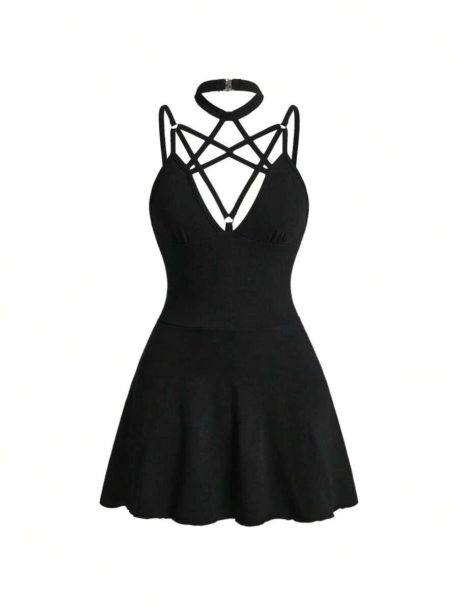 ROMWE Women's Mid-Length Goth Dress With Pentagram Metal Lace-Up Hollow Chest Detail, Spring/Summer Hot Girl Music Festival Style - Black - View 1
