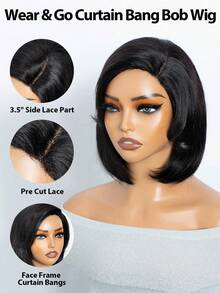 Wear & Go Straight Lace Bob Wig With Curtain Bangs 10 Inch Short Straight Bob Wig With 3.5 Inch Side Lace Part Glueless Bob Wig With French Bangs Natural Black Color - Natural Black - View 6