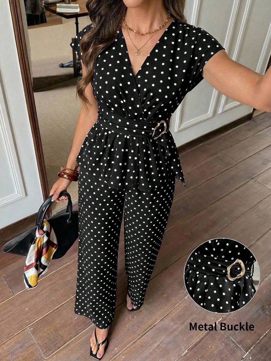 Serisse Setelan 2 Potong Atasan Lengan Pendek Motif Polkadot Leher V Wanita dan Celana - Hitam - View 1