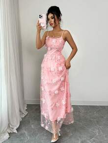 SHEIN Clasi Women's Elegant Pink Floral Summer Wedding Ninang Dress,Vintage Spaghetti Strap 3D Floral Embroidered Mesh Overlay A-Line Puffy Hem Reception Dress - Pink - View 5