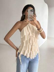 Aloruh Women's Elegant Tropical Romantic Lace-Up Halter Neck Multi-Layer Ruffle White Beach Vacation Vacation Date Top Summer - Khaki - View 7