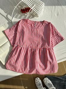 Comfortcana Plus Size Women's Summer Casual Vacation Style Print Babydoll Top - Red - View 5