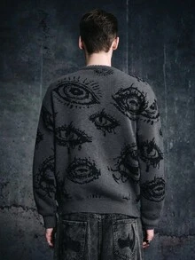 Vyqestra Jersey de cuello redondo de manga larga, corte holgado con estampado de ojo, para otoño/invierno, para hombre - Gris Oscuro - Ver 2