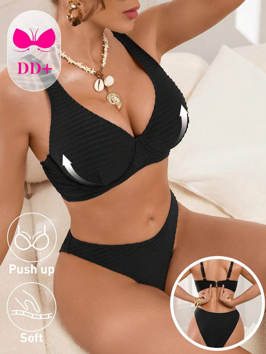 Swim DD+ 女款夏季海灘派對純色紋理時尚性感比基尼兩件式泳衣套裝 黑色 - 黑色 - 查看 1
