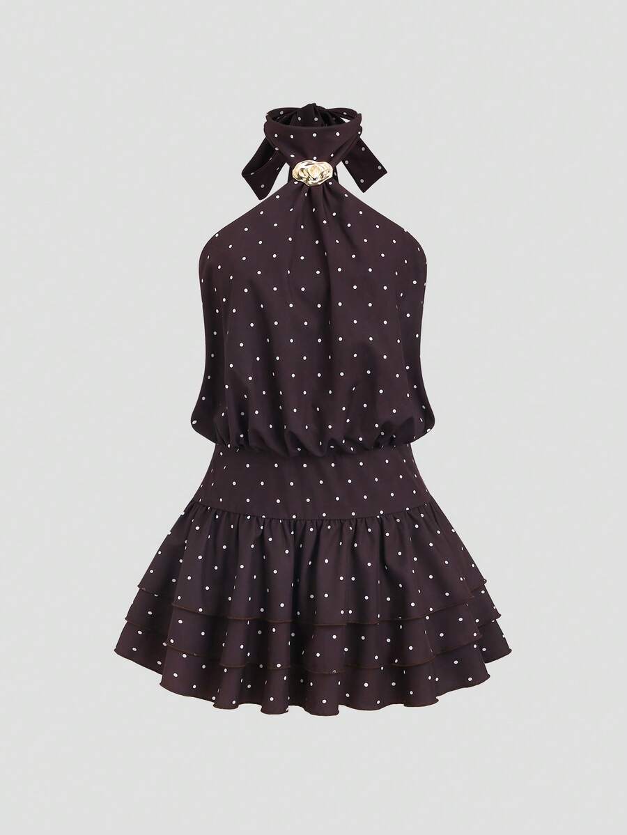 Sweetra Spring/Summer Sexy Vacation Style Romantic Vintage French Polka Dot Halter Neck Dress - Chocolate Brown - View 1
