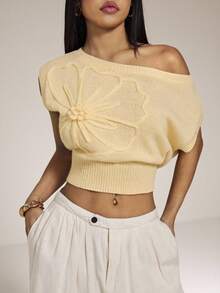 SHEIN PETITE Áo dệt kim nữ màu trơn, kiểu dáng lệch vai, thích hợp cho kỳ nghỉ hè, nghỉ xuân, dự tiệc, đi biển, mùa xuân, ngày Valentine, kỳ nghỉ nhiệt đới, trang phục Bohemian, trang phục Ibiza, phong cách phương Tây. - Màu vàng - Xem 4