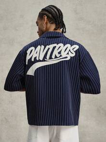 PAVTROS Manfinity Streetrush Men's Short Sleeve Striped Button-Down Shirt,Navy Blue And White,Summer,Casual,Streetwear,City Break Letter Embroidery - Navy Blue - View 10