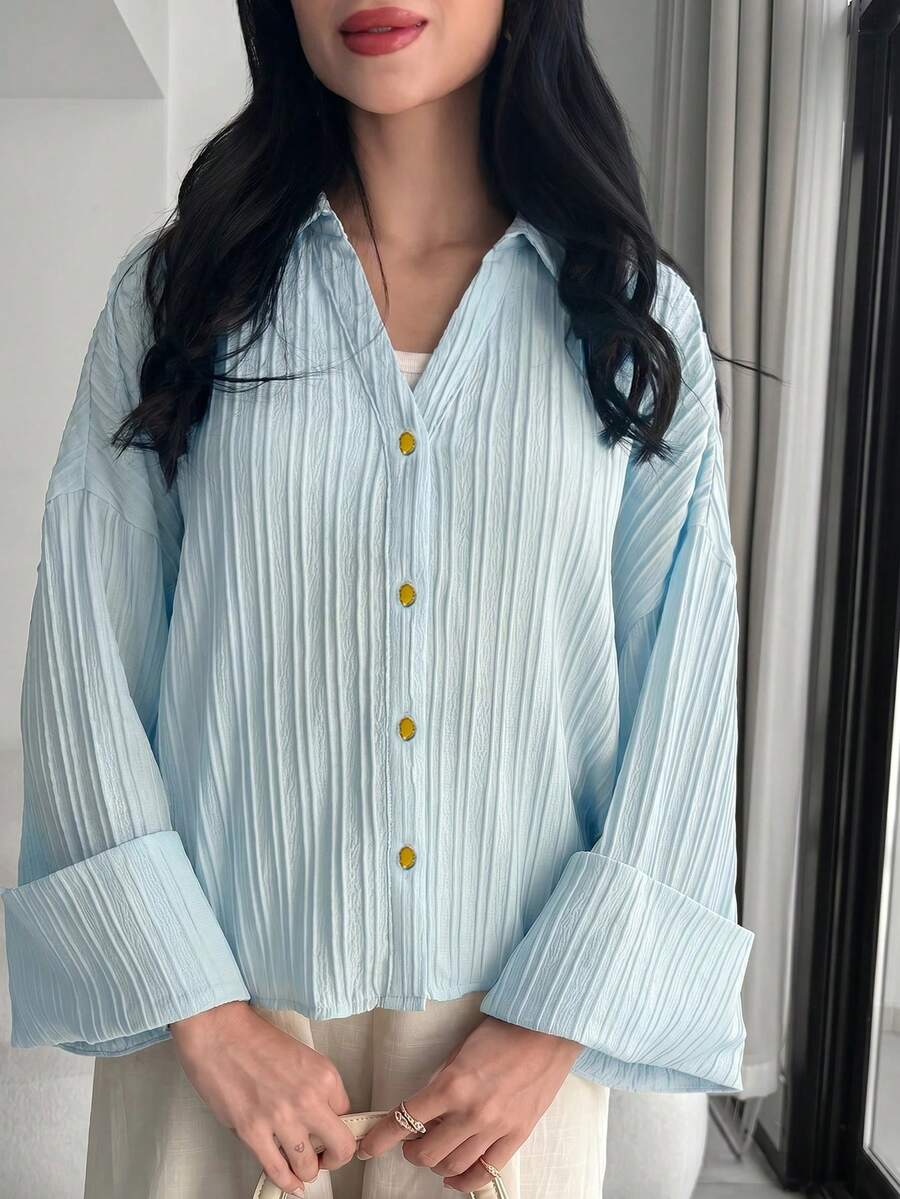 Solavon 女士休闲通勤纹理纽扣衬衫,秋季款 - 藍色 - 查看 1