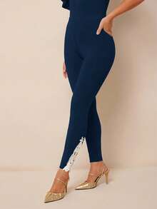 SHEIN PETITE CURVE 女款素色彈性腰休閒內搭褲 - 彩色 - 查看 5