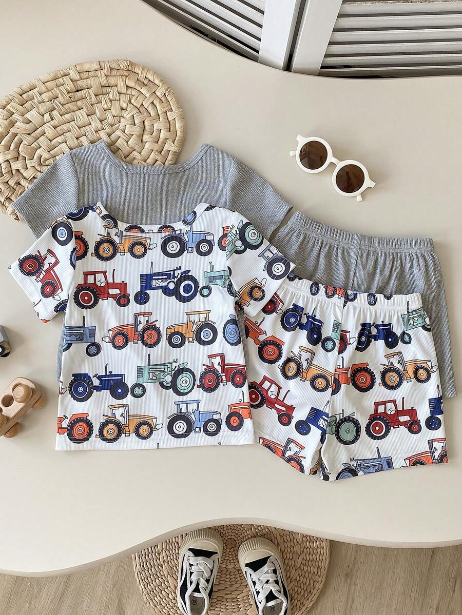 SHEIN Playful Pals Baby Boy Baby Girl Unisex Infant Toddler 0-3 Years 4pcs/4pcs Set Casual Cute Dinosaur Print Crew Neck T-Shirt Short Sleeve Summer Outfit, Comfortable And Easy To Wear, Suitable For 6 Months To 3 Years Old Baby Boys, Spring And Summer, Daily And Outdoor Wear - Grey - View 1