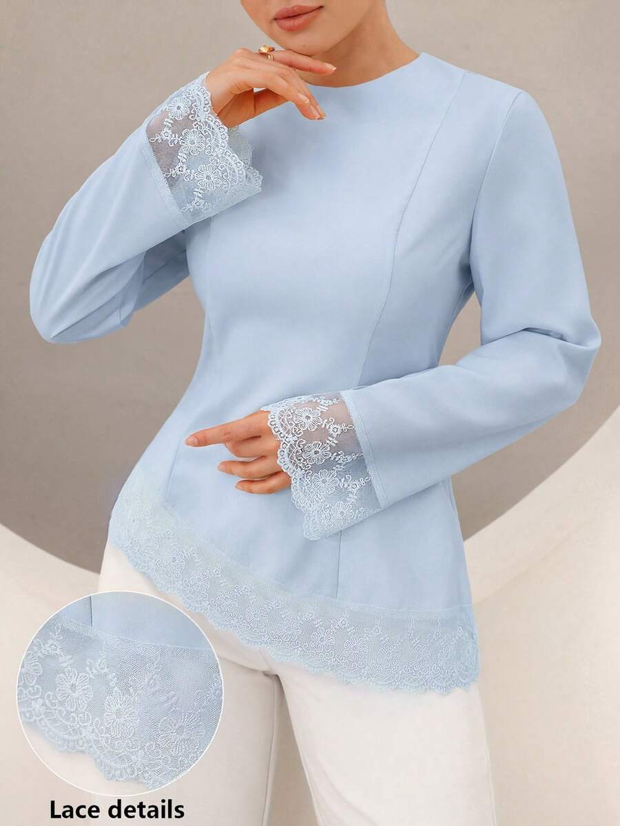 Graceveil Blus Wanita dengan Hiasan Renda, Manset Pinggang, dan Hem Asimetris - Biru - View 1