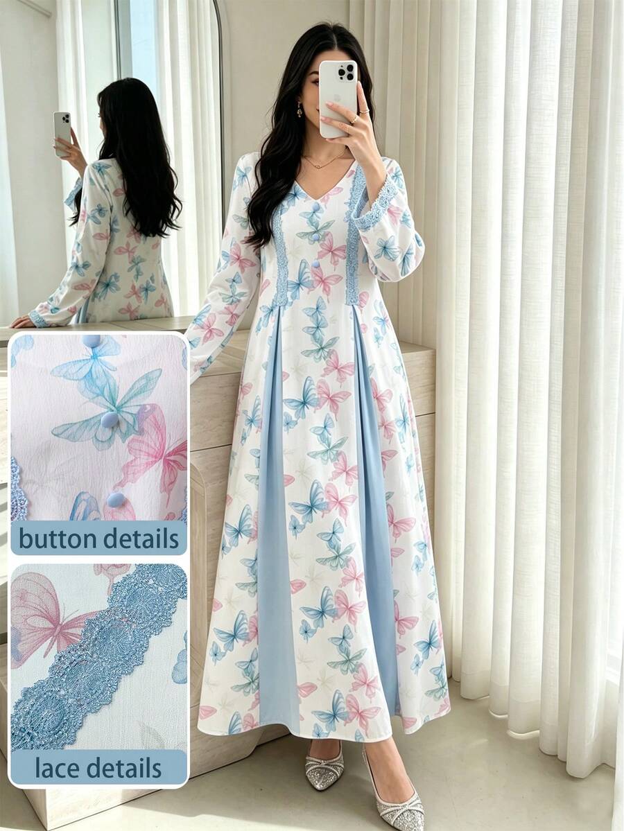 Yasmyna Vestido azul con cuello en V, estampado de mariposa, parche de cinta y botones delanteros, con pañuelo para la cabeza