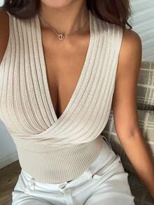 Strévra Top de punto texturizado sin mangas con cuello en V y cintura definida para mujer, primavera-verano - Albaricoque - Ver 1