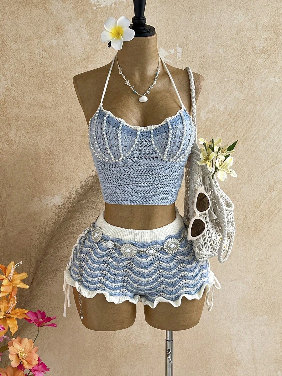 Soleia Conjunto de 2 piezas para mujer con top de punto con cuello halter decorado con perlas falsas y shorts de punto a rayas - Multicolor - Ver 1