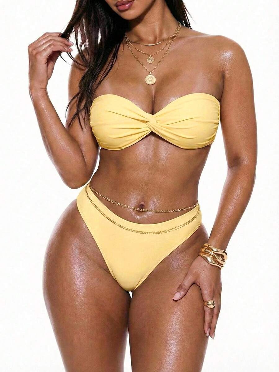 Swim Basics Women's Solid Color Twist Front Bandeau Bikini Top, Summer Beach