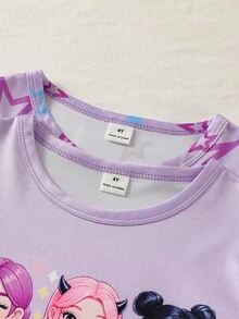 2pcs/Set Young Girl Cute Cartoon Sheep Print Sleepwear Set, Includes Pink & Gray Short Sleeve Long Nightgown - Multicolor - View 8