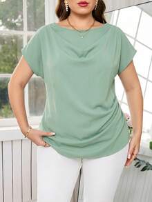Reflora Plus Size Summer Elegant Solid Color Round Neck Side Ruched Waist Blouse Fall - Mint Green - View 6