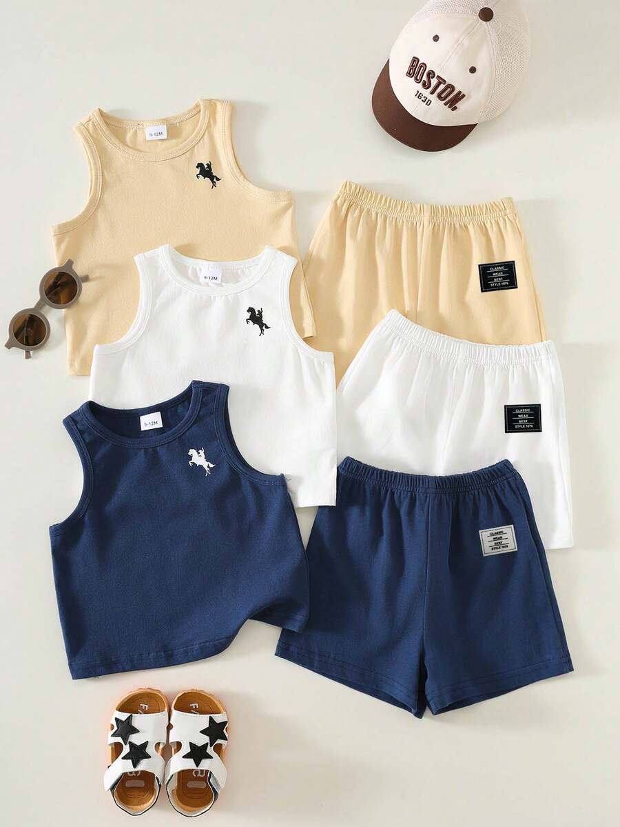 SHEIN 6件套男女宝宝/男宝宝100%纯棉休闲纯色背心短裤套装,男宝宝服装套装,男宝宝夏季服装 - 彩色 - 查看 1