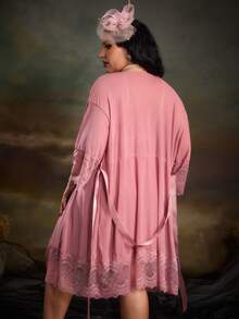 PinupPomp Plus Contrast Lace Mesh Robe & Cami Dress PJ Set / Pajama Set - Dusty Pink - View 3