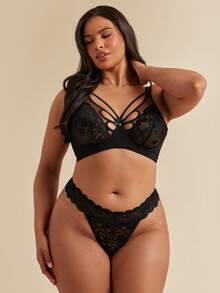 SHEIN BAE 1pc Plus Size Lace Contrast Mesh Underwire Bra - Black - View 5