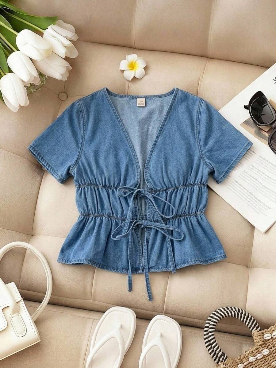 SHEIN MOD 女士系带时尚荷叶边短袖性感牛仔衬衫