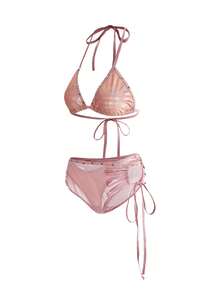 ROMWE Goth 3件組龐克鉚釘綁帶式內衣、丁字褲與魚網迷你裙性感內衣套裝 - 粉色 - 查看 5