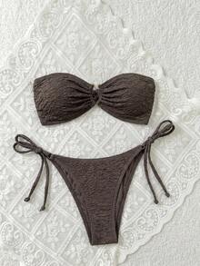 Swim Mod Solid Color Bikini Set For Beach Vacation - Coffee Brown - View 6