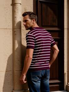 Officeau Loose Lightweight Striped Knit Crew Neck Short Sleeve T-Shirt, Casual Business Slim Fit Men's Summer Cool Tee - Red Violet - View 2