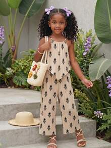 SHEIN Young Girl Floral Print Camisole T-Shirt And Pants Casual Outfit - Khaki - View 8