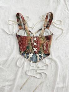 Soleia Women's Summer Vintage Floral Print Bow Decor Bustier Detail Tank Top - Multicolor - View 2