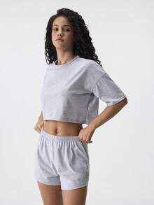 Loungeista Solid Drop Shoulder Top & Shorts Lounge Set Outfit - Grey - View 5