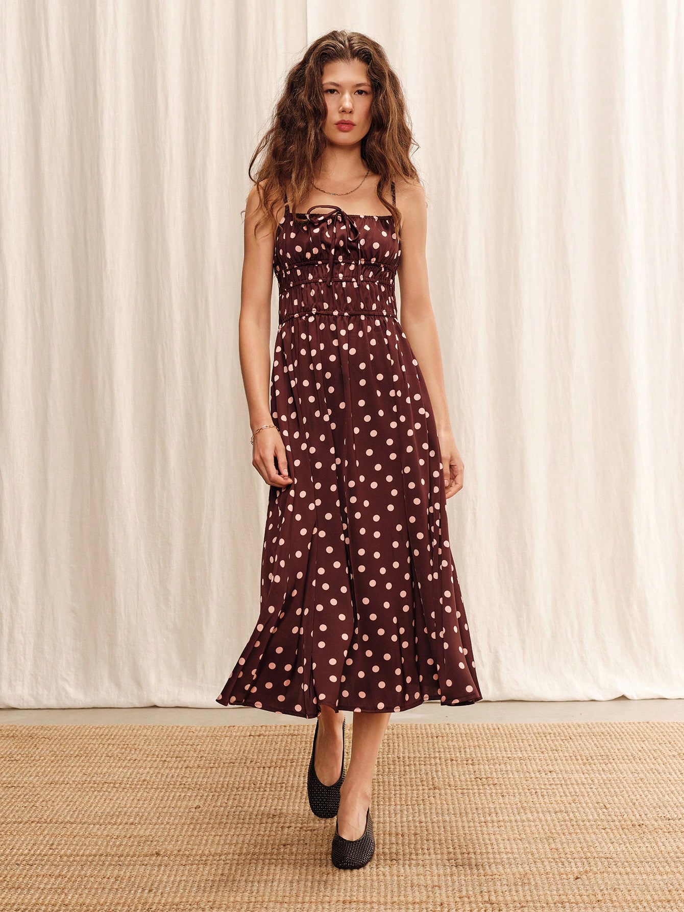 Brown And Pink Satin Polkadot Midi Dress With Soft Drape Skirt Summer Holiday Vintage