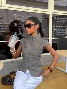 Muchica 2026 New Arrive Minimalism Spring/Summer Women's Retro Mandarin Collar Jacket, Suitable For Commuting - Light Grey - View 7